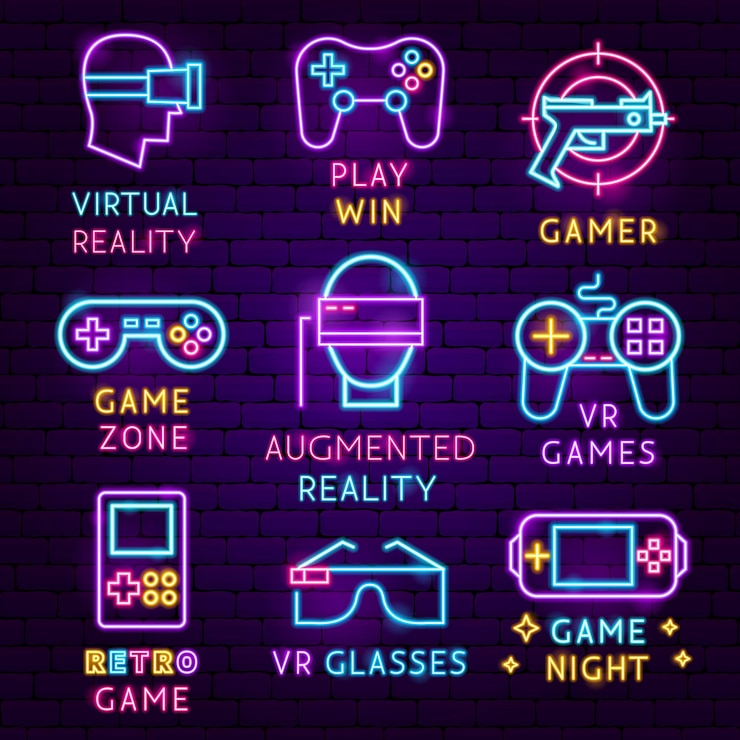 Vettore set di etichette al neon per giochi vr. illustrazione vettoriale di promozione della realtà virtuale.