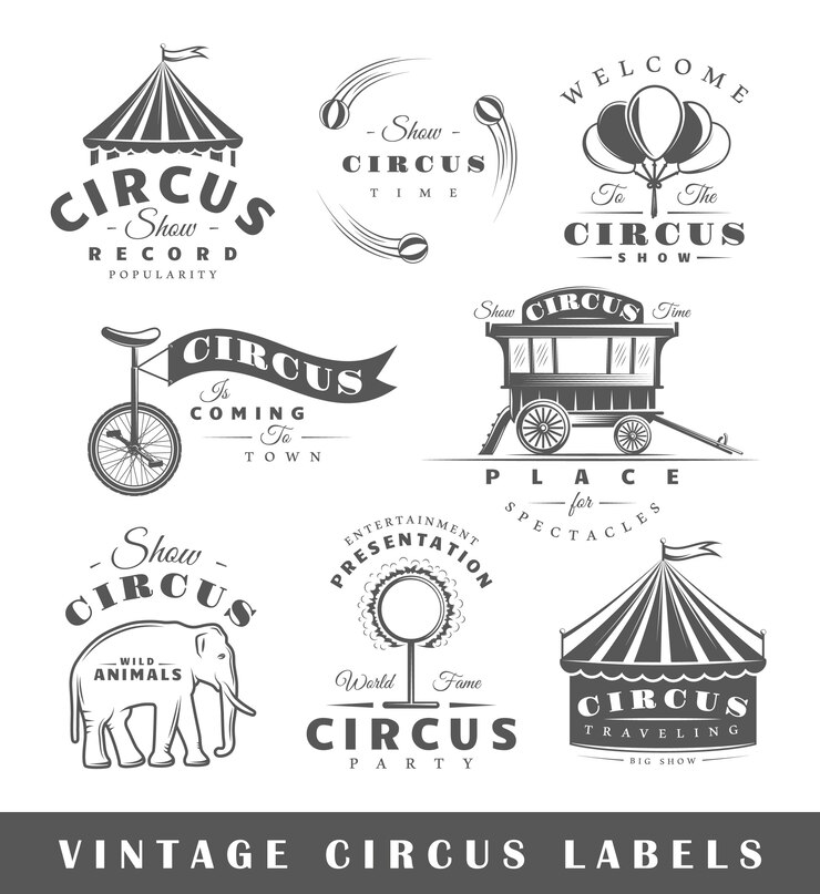 Set di etichette del circo. Elementi per la progettazione sul tema del circo. Raccolta di simboli del circo