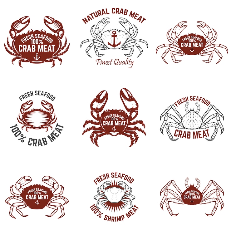 Vettore set di etichette di carne di granchio. frutti di mare freschi elementi per logo, etichetta, emblema, segno. illustrazione.