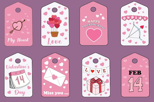 Set di etichette e etichette per il giorno di San Valentino decorate con lettere, citazioni e scarabocchi