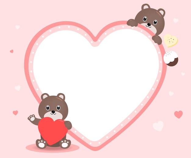 Set di etichette per l'anniversario del cuore con cioccolato dolce e blocco note con illustrazioni dell'orso di San Valentino