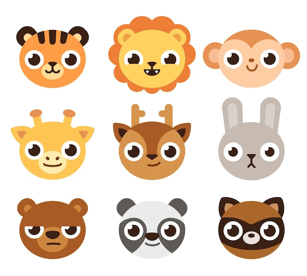 Set di facce di animali dei cartoni animati carinosi