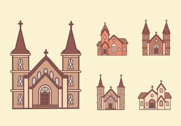 Set di facciata della chiesa cattolica. Architettura europea vintage vecchio design piatto. Vettore del fumetto disegnato a mano