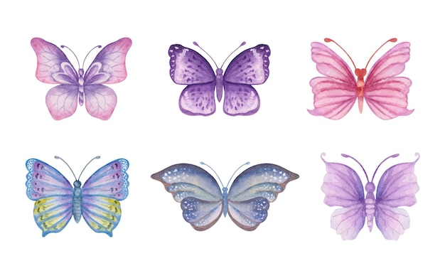Set di farfalle colorate dipinte a mano ad acquerello