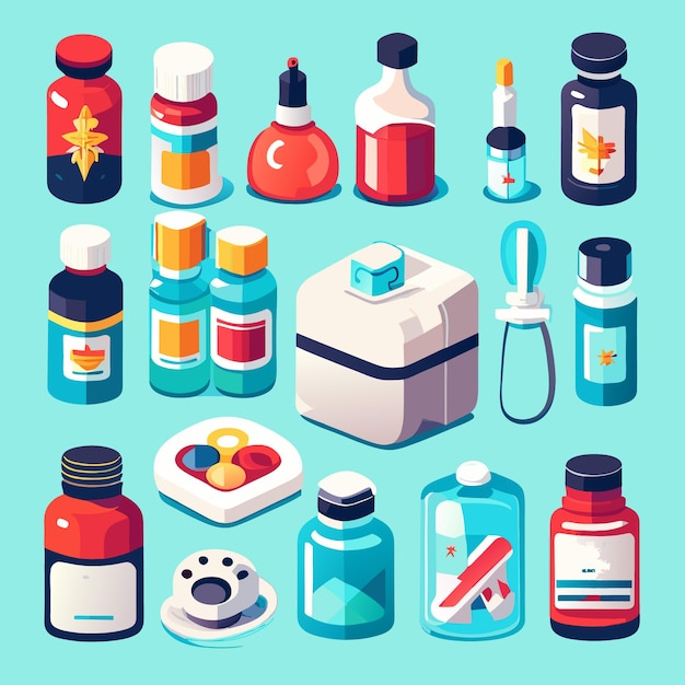 set di farmacia dicine con prodotti medici isolati vettore di farmaci e pillole farmaceutiche