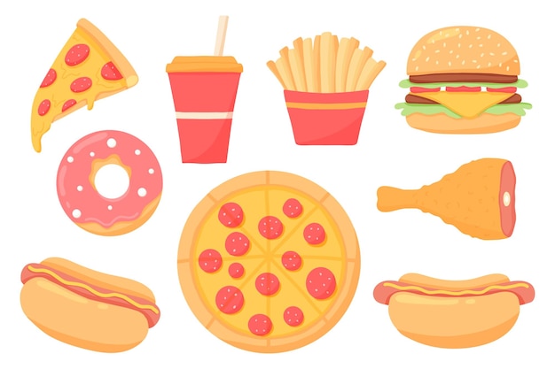 Set di fast food Collezione di cibo di strada Pizza burger hot dog patatine fritte ciambella drinkVector set Clip art Pasto di fast food
