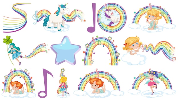 Set di fate e amorini fantasy con elementi arcobaleno