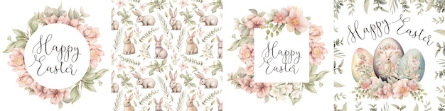 Set di felicità di Pasqua modelli floreali primaverili acquerelli disegnati a mano