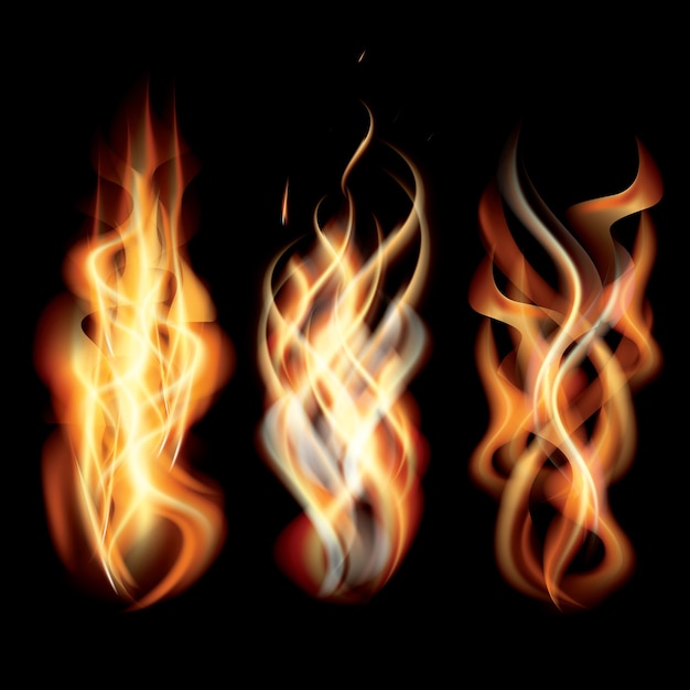 Set di fiamme di fuoco ardente realistico.