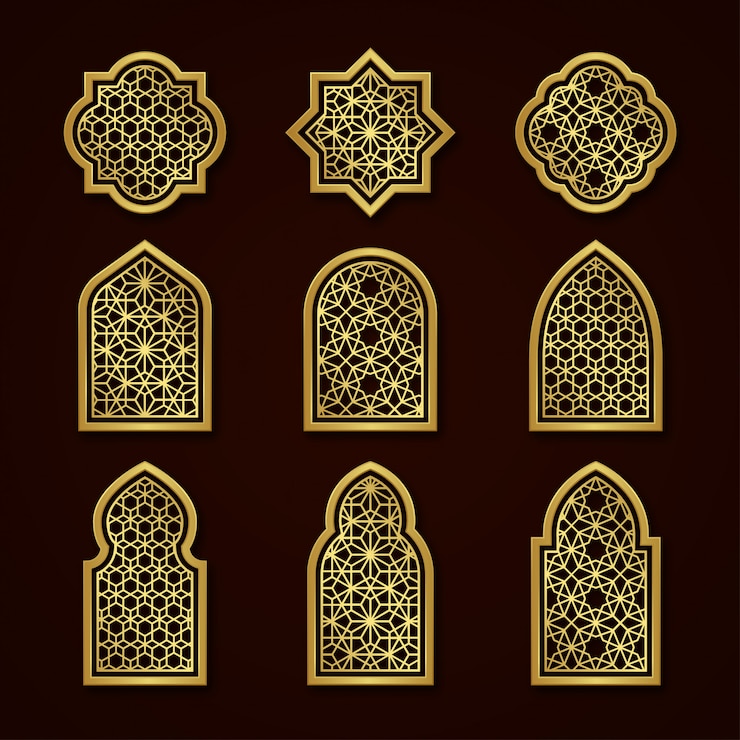 Vettore set di finestre ornamentali arabe d'oro