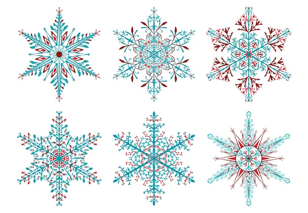 Set di fiocchi di neve di Natale colorati su sfondo bianco