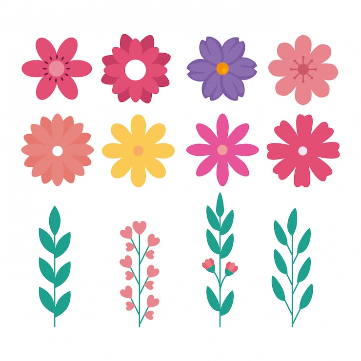 Vettore set di fiori carini con rami e foglie naturali