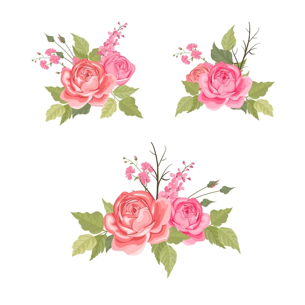 Set di fiori con rose per disegni di carte bouquet da sposa