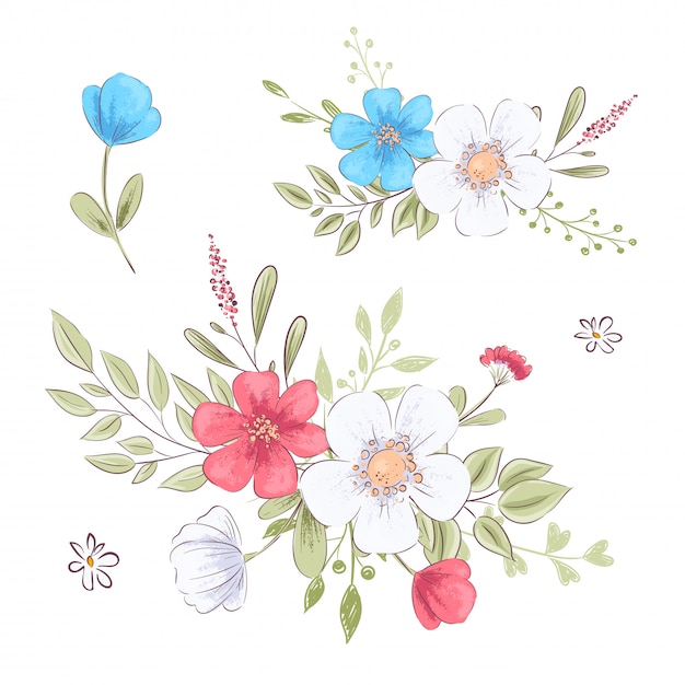 Set di fiori e farfalle. Disegno a mano Illustrazione vettoriale