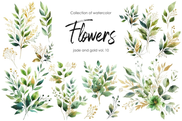 set di fiori e foglie ad acquerello su sfondo bianco fiori dipinti a mano in oro e giada
