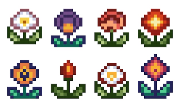 Set di fiori pixel art in vari colori su uno sfondo bianco Retro 8bit design botanico perfetto per giochi icone adesivi e progetti digitali con un'estetica nostalgica