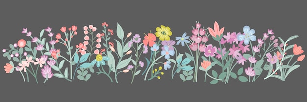 Set di fiori selvatici isolare su sfondo scuro doodle