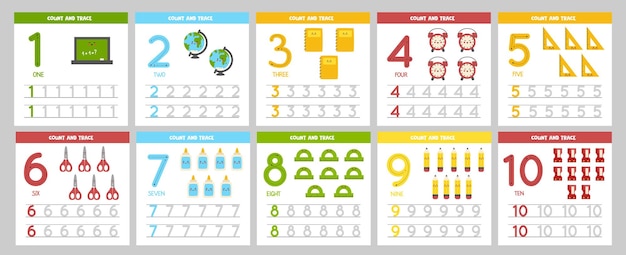 Set di flashcard di tracciamento dei numeri con materiale scolastico kawaii Numeri di apprendimento per bambini