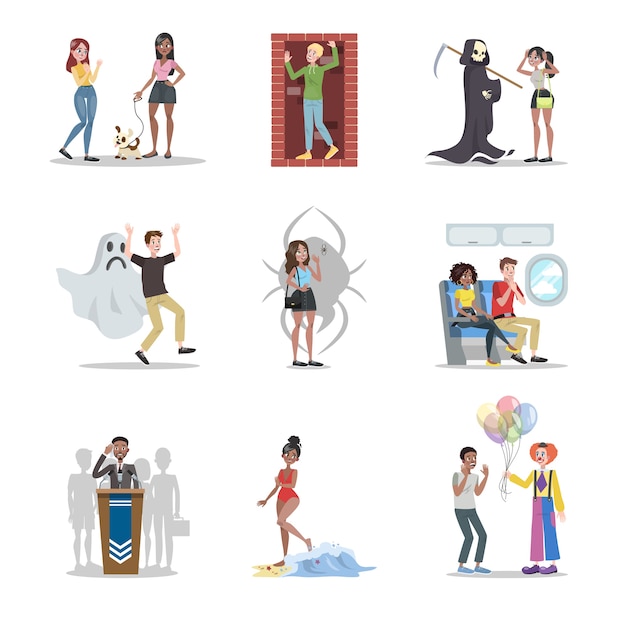 Set di fobia umana. Raccolta di paure umane irrazionali. Concetto di psicologia e psicoterapia. Claustrofobia e paura del clown. Ansia sociale. Vector piatta illustrazione