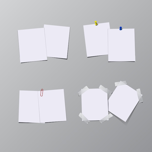 Set di fogli di carta con perno, nastro adesivo e clip isolato su sfondo grigio.