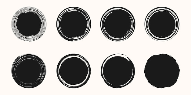 Set di forma del cerchio disegnato a mano. Etichetta, elemento di design del logo. Onda astratta della spazzola. Illustrazione vettoriale.