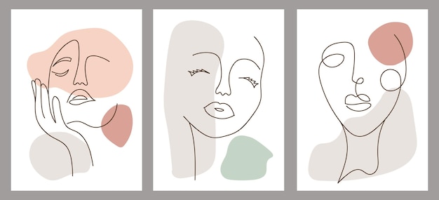 Set di forme astratte di una linea dipinte a mano creative Poster vettoriali minimalisti macchie colorate di ritratto femminile per poster di cartoline cartellone brochure design webx9