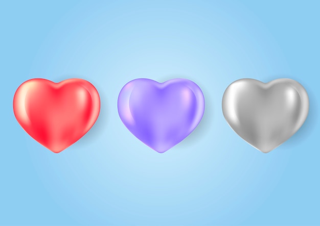 Set di forme cuore di diversi colori in stile realistico 3d