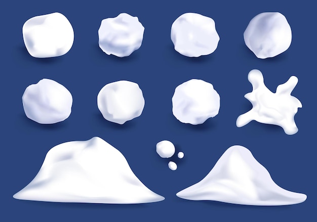 Set di forme di palle di neve in disegno cartone animato 3D Una varietà di sfere di neve e mucchi di neve