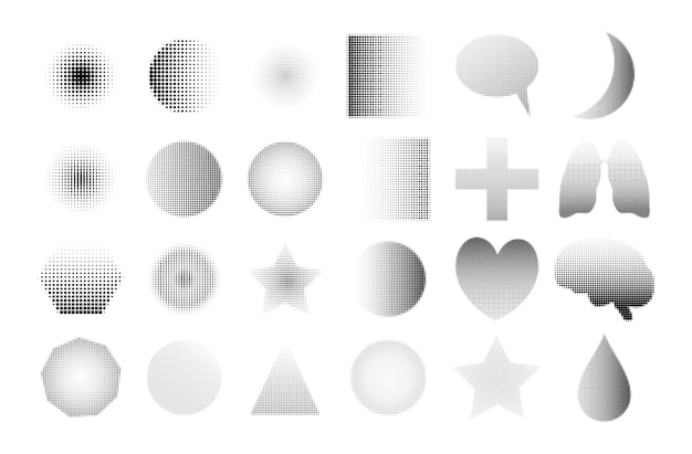 Set di forme mezzetinte nere. Elementi rotondi, quadrati, triangolari, a forma di stella da punti per il design grafico. Isolato su sfondo bianco. Illustrazione vettoriale.