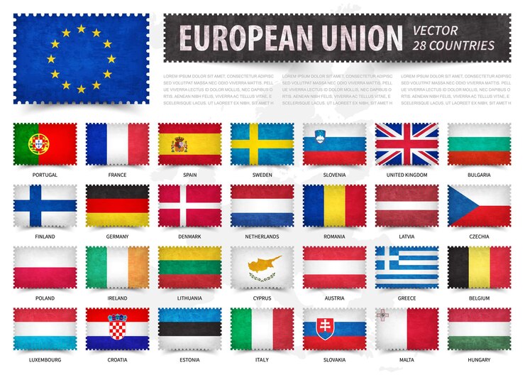 Set di francobolli di bandiere ufficiali dei paesi dell'Unione europea