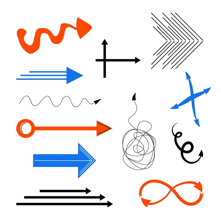 Set di frecce doodle Frecce astratte oggetti vettoriali alla moda arancione blu nero colori