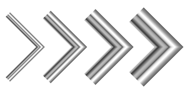 Set di frecce in metallo di diversi spessori. Frecce d'argento vettoriali isolate. Freccia destra di Chrome