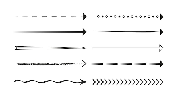 Set di frecce puntatori e direzioni linee curve e punteggiate nere creatività minimalista e arte UI e UX elementi di progettazione raccolta vettoriale piatta
