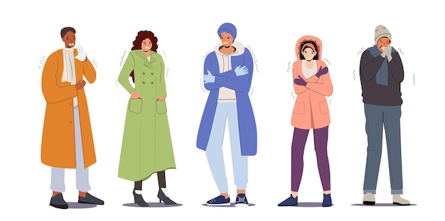 Set di Freezing People Cold Weather Concept Personaggi maschili e femminili che indossano vestiti invernali caldi