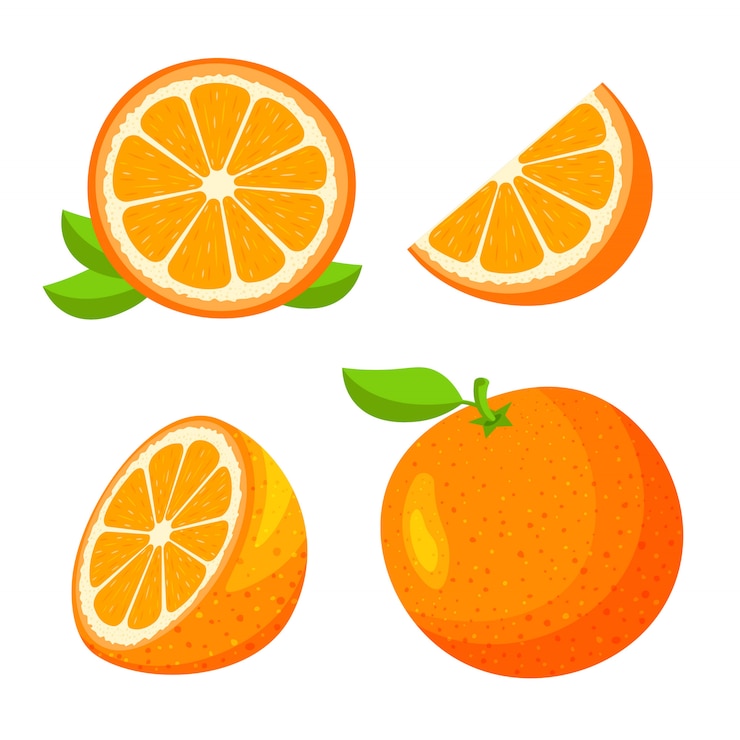 Set di fresco intero, mezzo, tagliare la fetta di frutta arancione isolato su sfondo bianco. Mandarino e foglie. Icone di cibo vegano in stile cartone animato alla moda. Concetto di cibo sano.