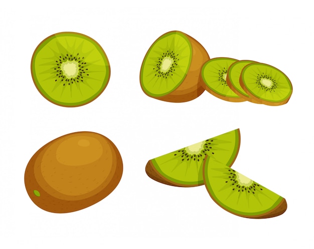 Set di fresco intero, mezzo, tagliare la fetta di kiwi isolato su sfondo bianco. Agrumi. Icone di cibo vegano in stile cartone animato alla moda. Concetto di cibo sano.