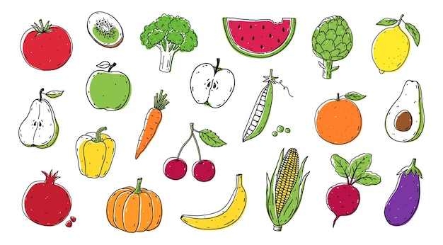 Set di frutta e verdura mais broccoli barbabietola pomodoro carota avocado mela pera limone banana