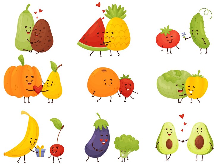 Vettore set di frutta e verdura umanizzate abbracciare innamorarsi dare regali illustrazione vettoriale su sfondo bianco