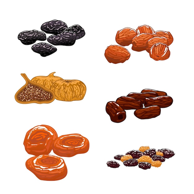 Set di frutta secca. datteri, fichi, albicocche, prugne, prugne. Snack dolci e dessert
