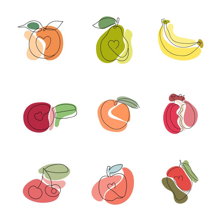 Set di frutti che disegnano una linea con macchie di colore Illustrazione piatta astratta moderna