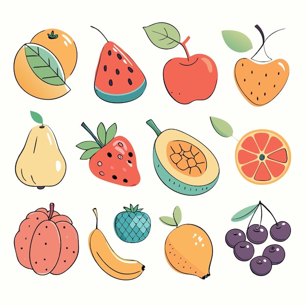 Set di frutti e bacche disegnati a mano su uno sfondo bianco isolato 11