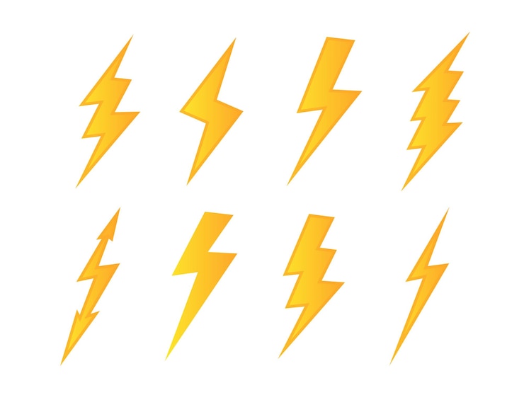 Vettore set di fulmini fulmine thunderbolt colpo di fulmine in stile piatto illustrazione vettoriale vettore