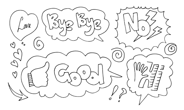 Set di fumetti disegnati a mano con testo scritto a mano amore, arrivederci, ciao, no, ciao.
