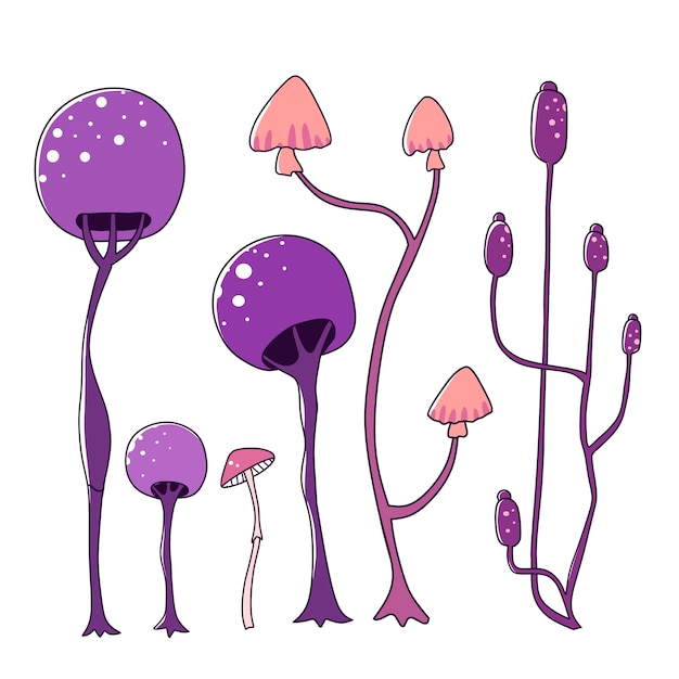 Set di funghi spaziali in stile cartone animato su sfondo chiaro Illustrazione grafica vettoriale