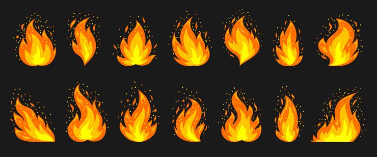 Vettore set di fuoco di cartoni animati fiamma scintillante di accensione temperatura calda fiamme pericolose fiamme di accensione infiammabile fiamma di calore esplosione pericolo fiamme energia simboli di clipart piatti su sfondo nero