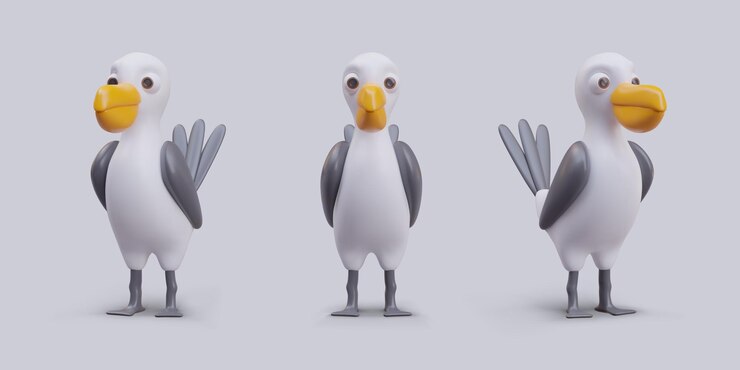 Vettore set di gabbiani 3d in posizioni diverse uccello vettoriale con ali piegate