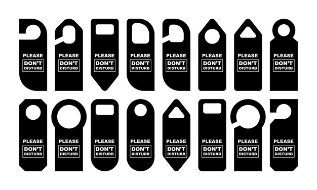 Set di ganci per maniglia della porta Non disturbare la collezione di icone dei segni dell'hotel in camera Etichette diverse sull'illustrazione della porta della camera dell'ostello Modello vettore appendiabiti nero isolato
