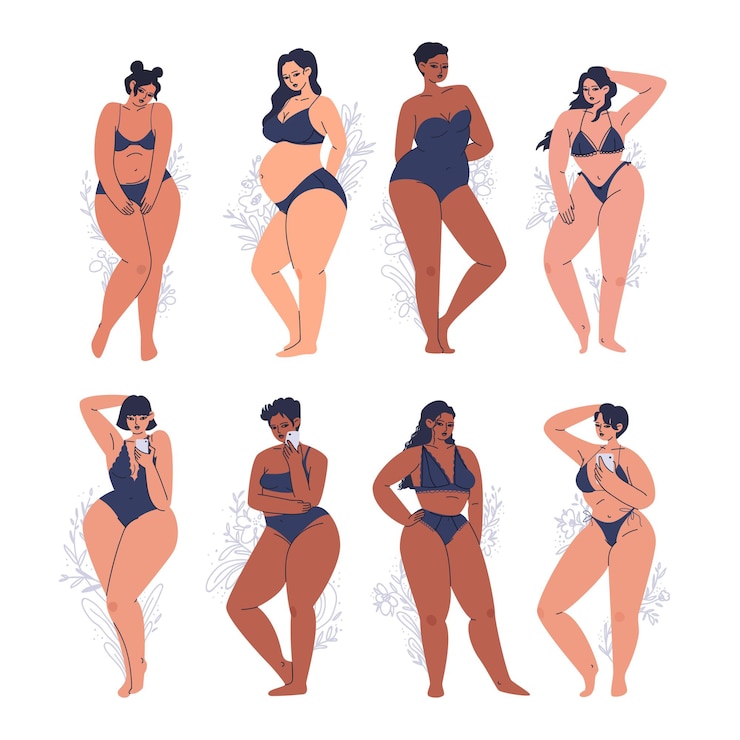 Vettore set di giovani donne diverse nell'illustrazione di lingerie scura