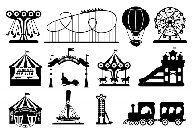 Set di glifi neri parco divertimenti. Siluetta della giostra stile cartoon. Parco giochi, montagne russe, giostra, mongolfiera, tempo di divertimento per bambini con ruota panoramica. Tempo libero estivo tendone da circo. illustrazione