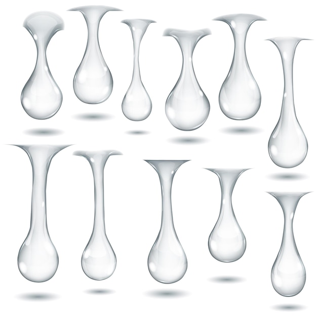 Set di gocce appese opache in colori grigi su sfondo bianco